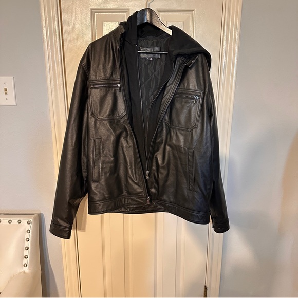 New Vintage Black Leather Jacket with Hood large - Picture 1 of 4